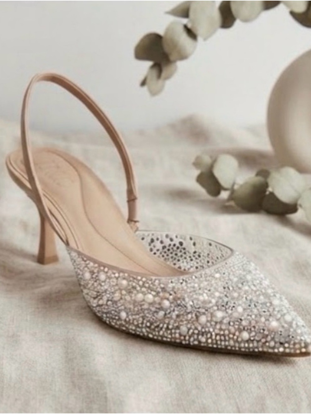 INC International Concepts Pearl & Crystal Embellished Slingback Pumps in Nude - Picture 2 of 4